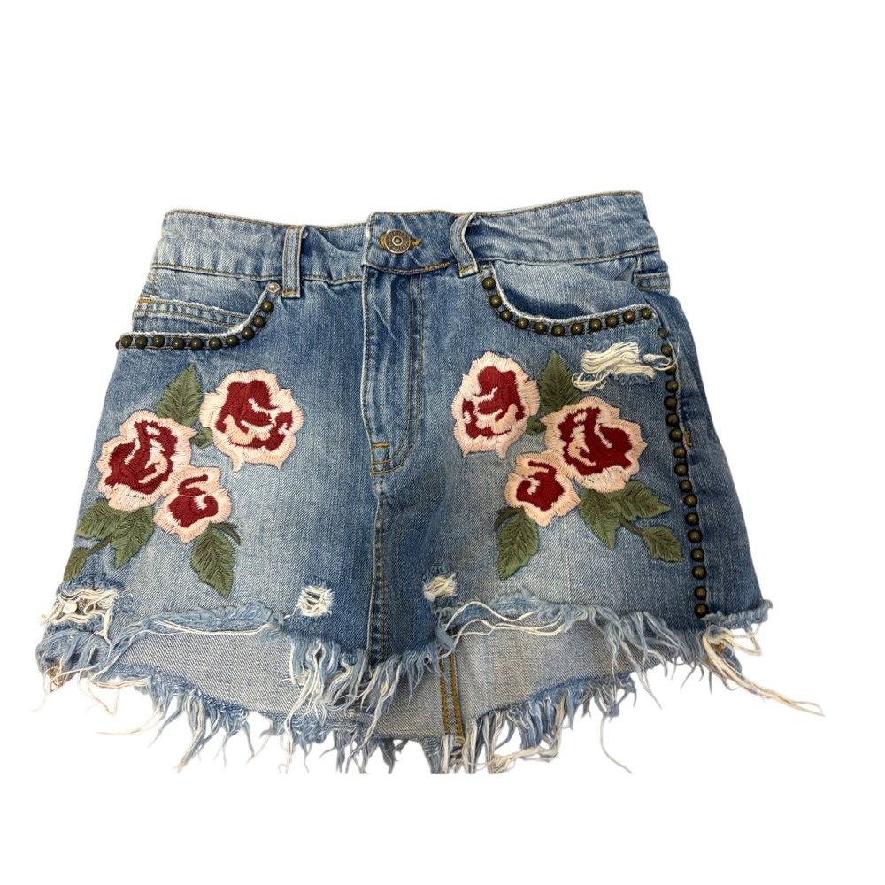 Free People Wild Rose Embroidered Studded Distressed Denim Mini Skirt Size 24